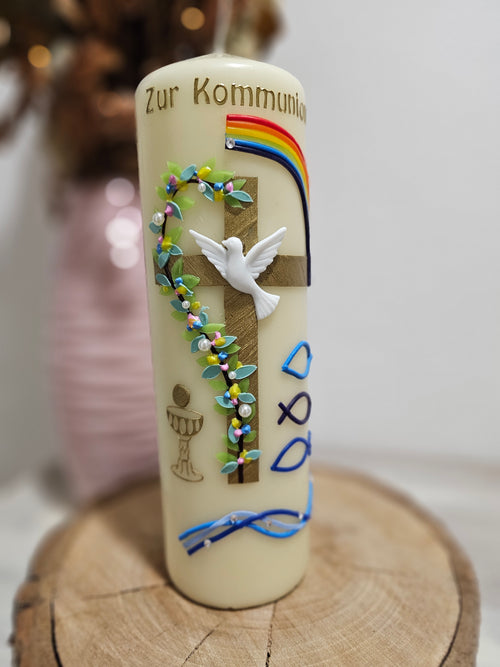 Kommunionkerze "Regenbogen und Kreuz"