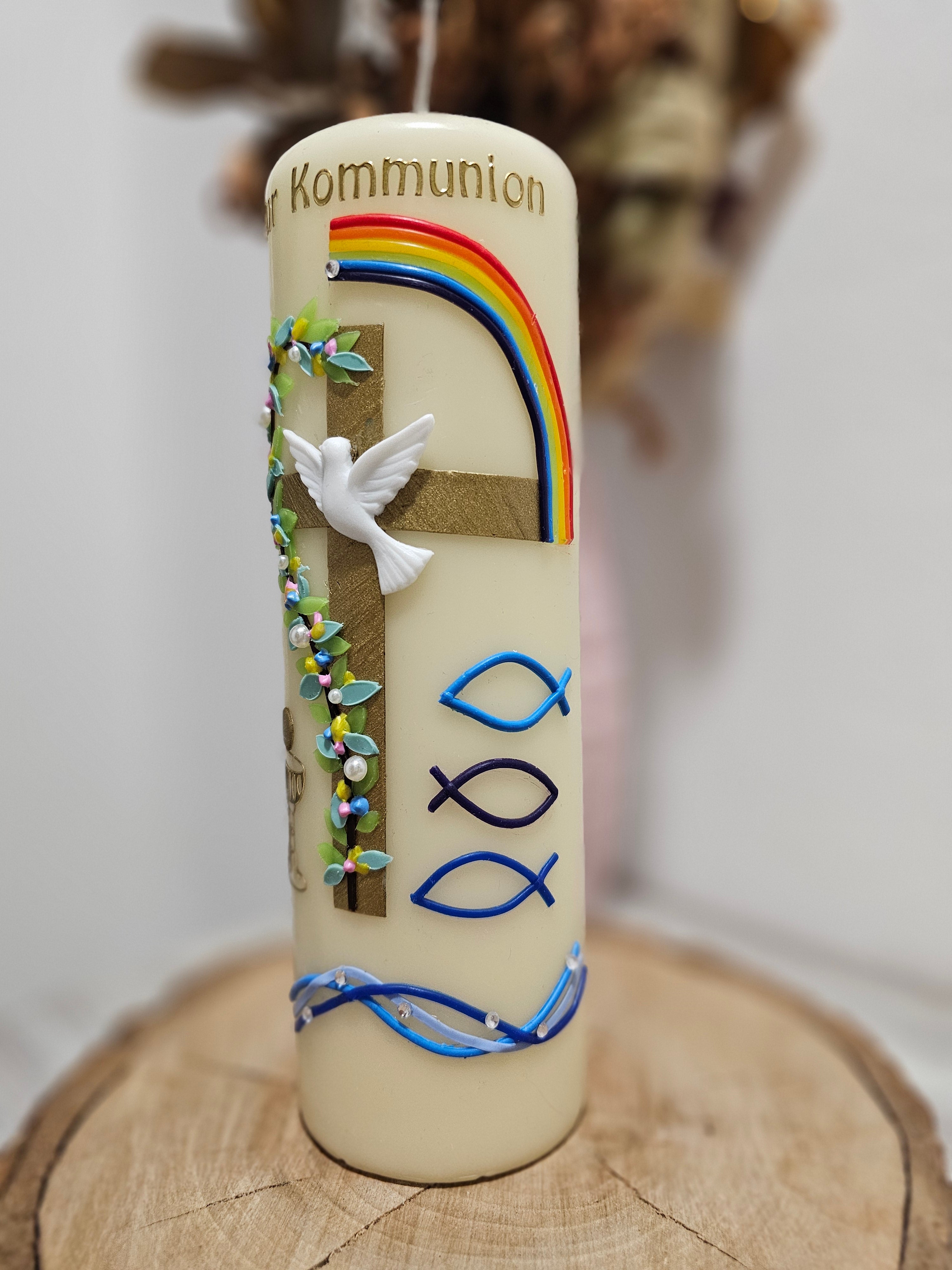 Kommunionkerze "Regenbogen und Kreuz"