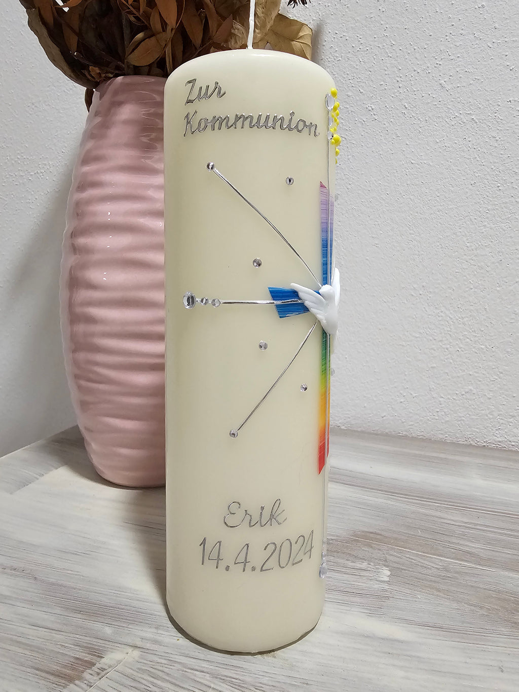 Kommunionkerze "Regenbogenkreuz"