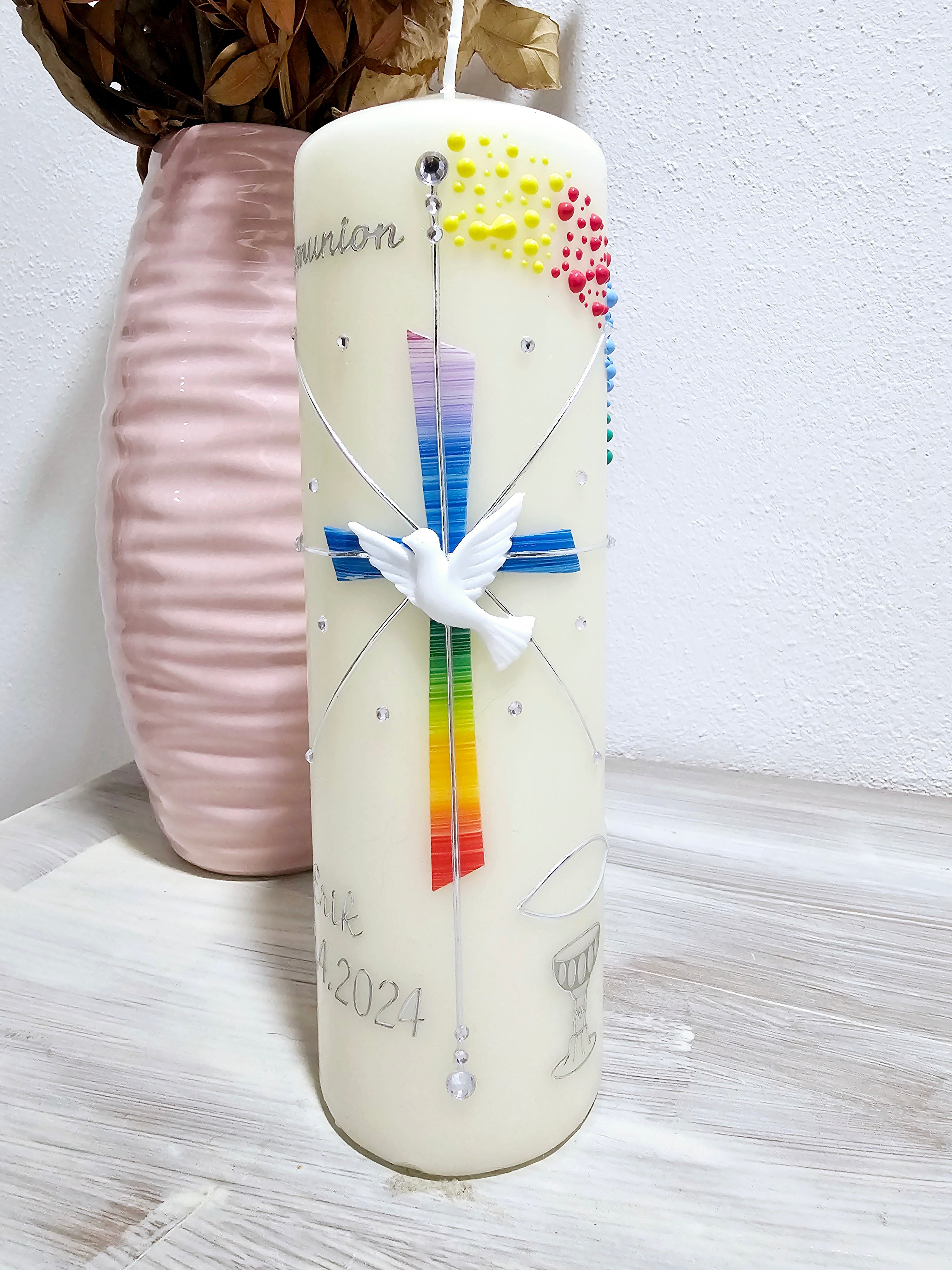 Kommunionkerze "Regenbogenkreuz"