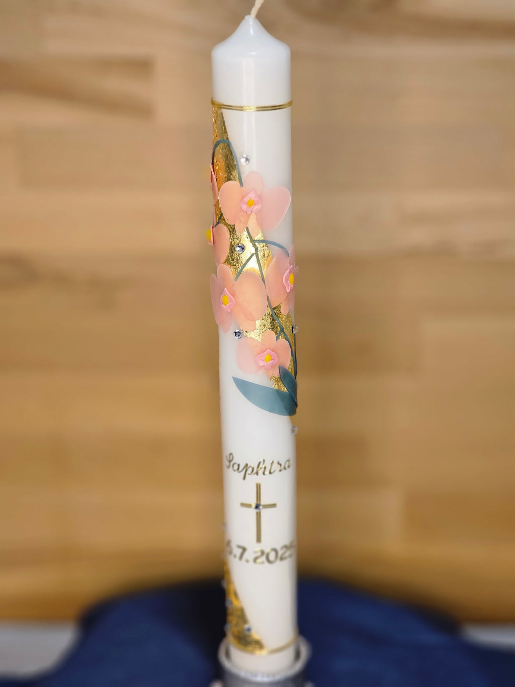 Taufkerze "Saphira" mit Orchideenmotiv