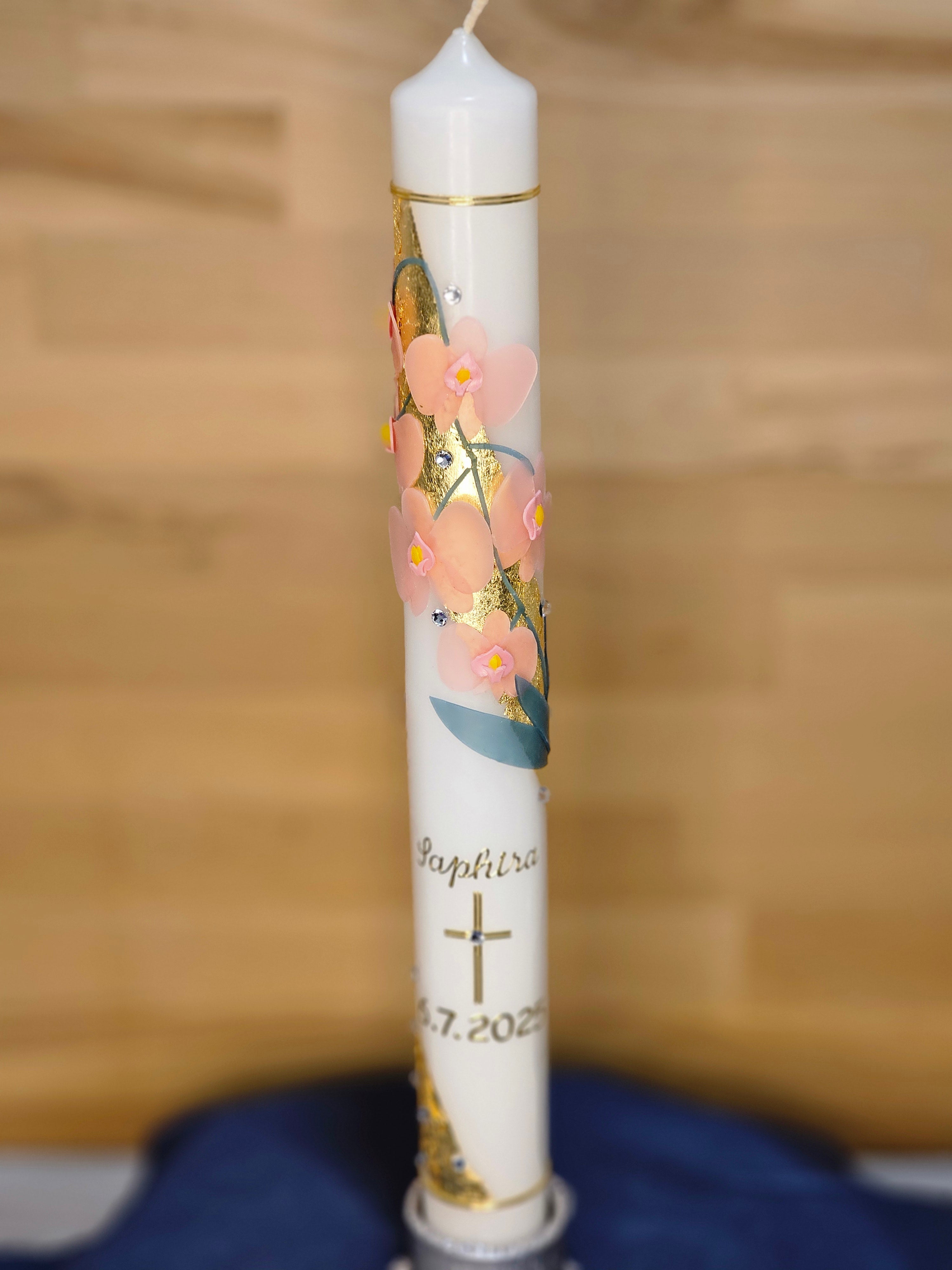 Taufkerze "Saphira" mit Orchideenmotiv