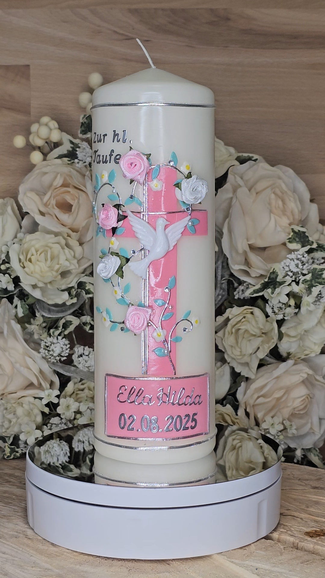 Taufkerze "Rosenkreuz" in blau oder rosa