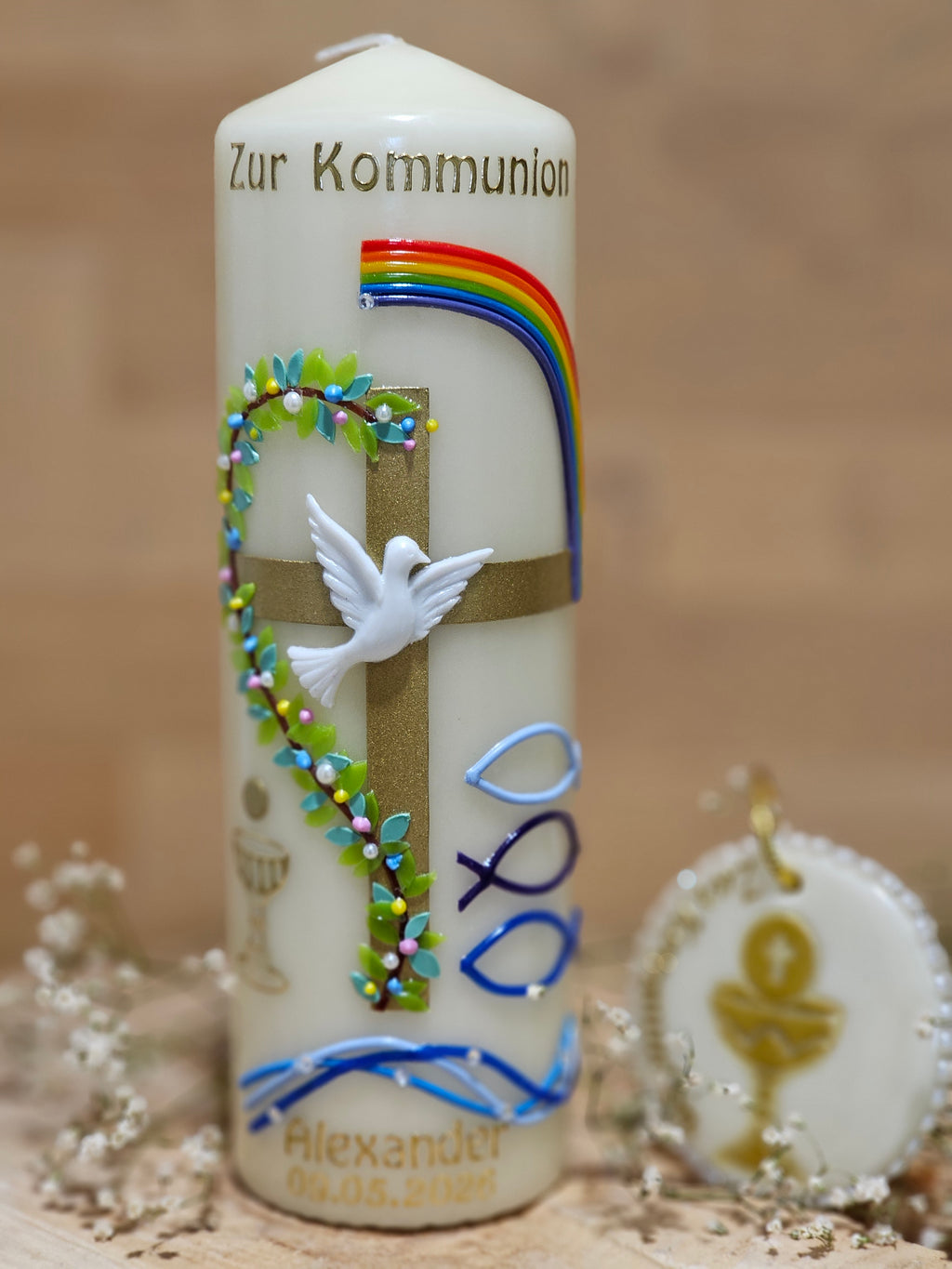 Kommunionkerze "Regenbogen und Kreuz"