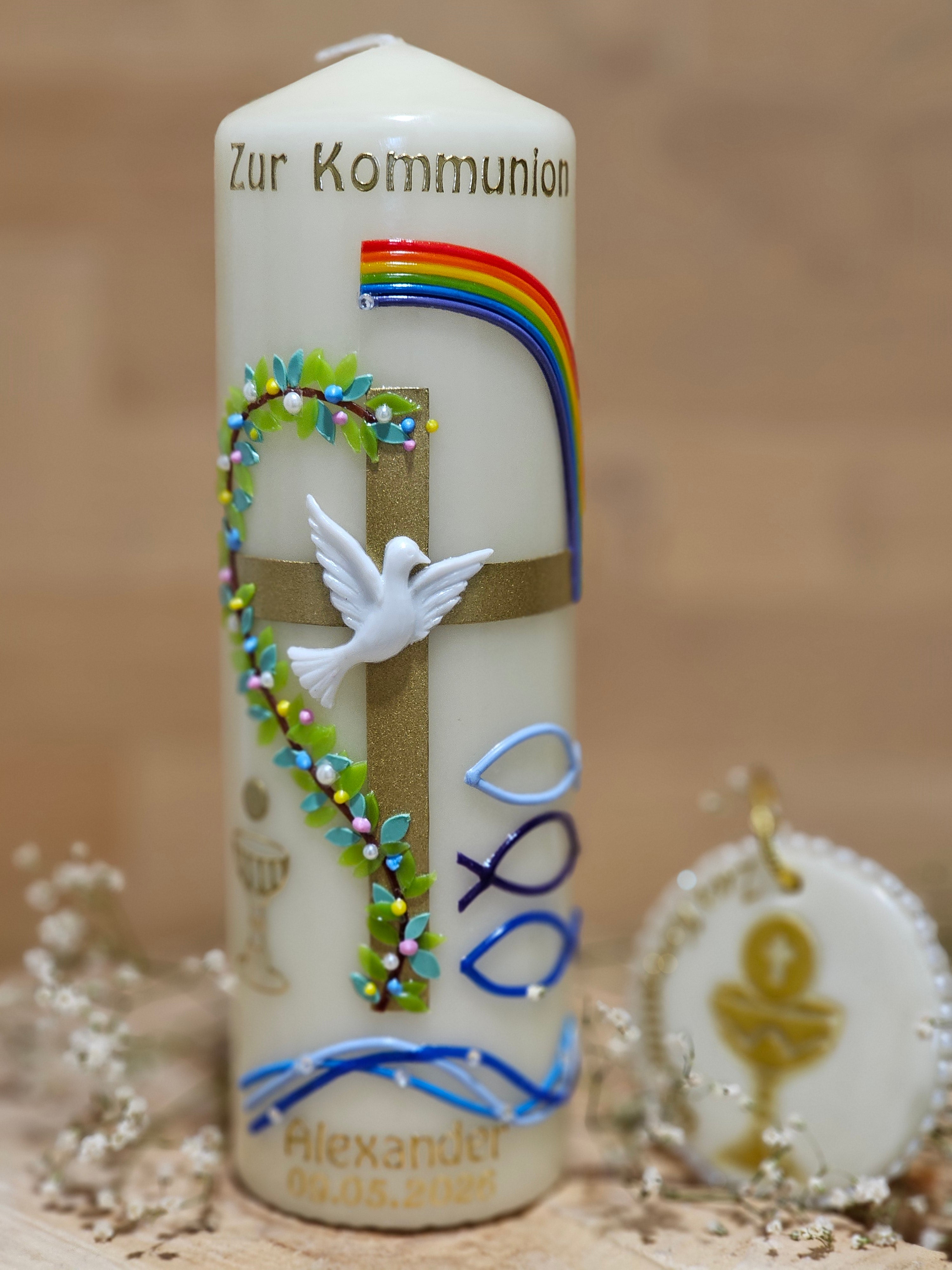 Kommunionkerze "Regenbogen und Kreuz"