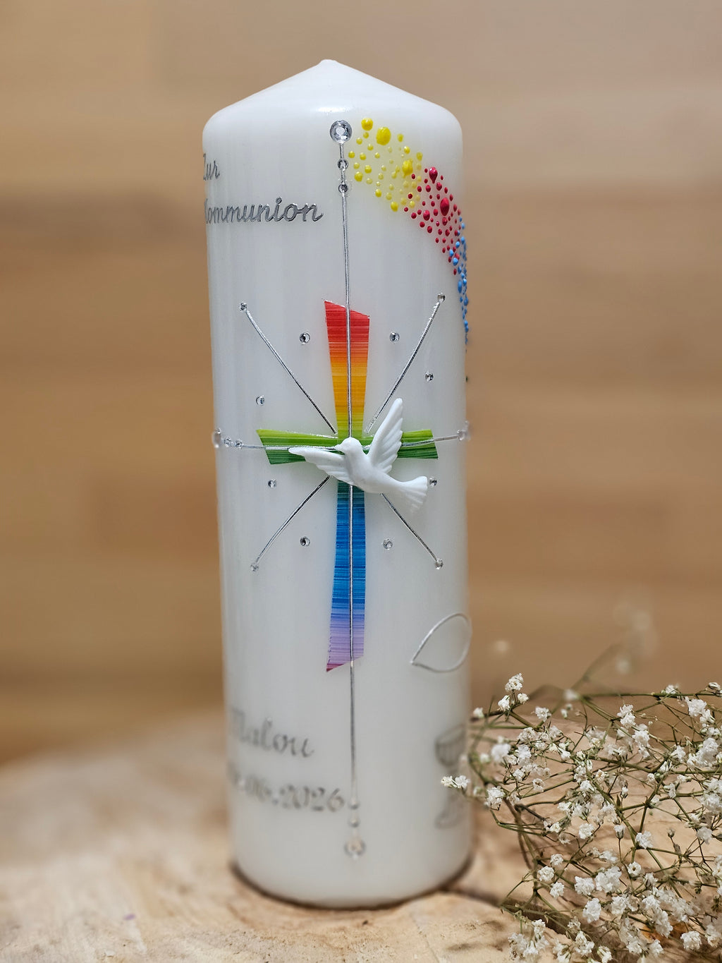 Kommunionkerze "Regenbogenkreuz"