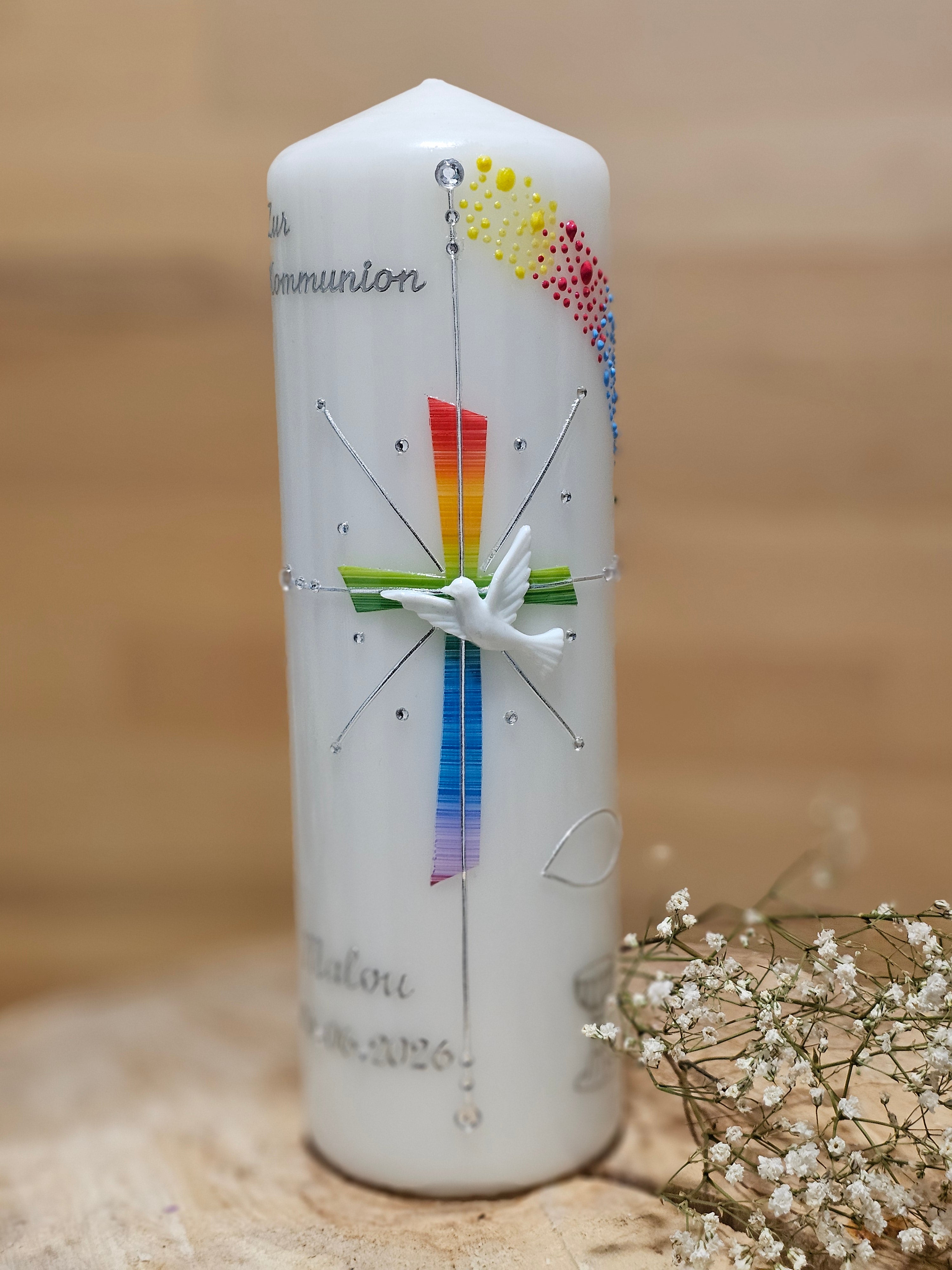 Kommunionkerze "Regenbogenkreuz"