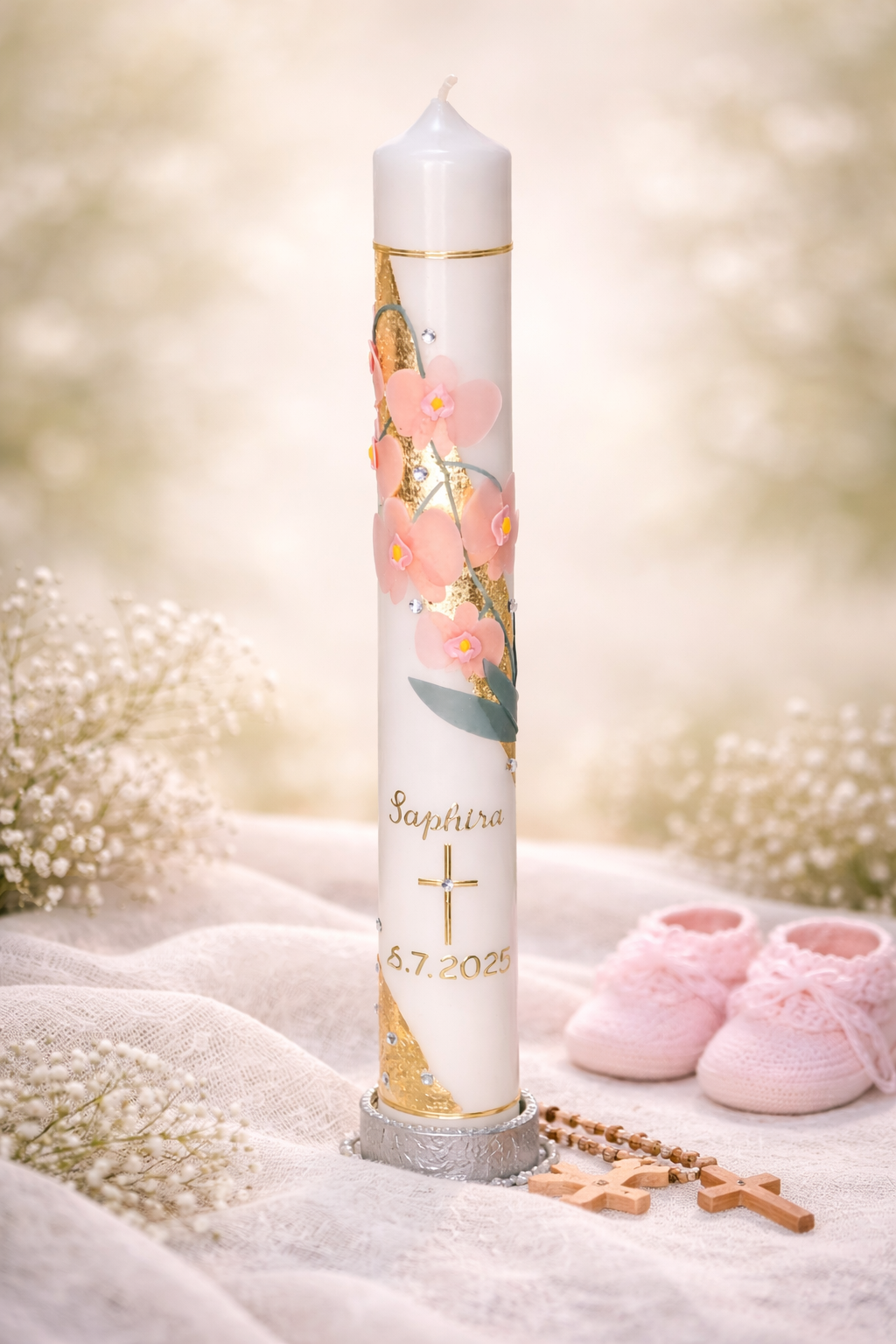 Taufkerze "Saphira" mit Orchideenmotiv